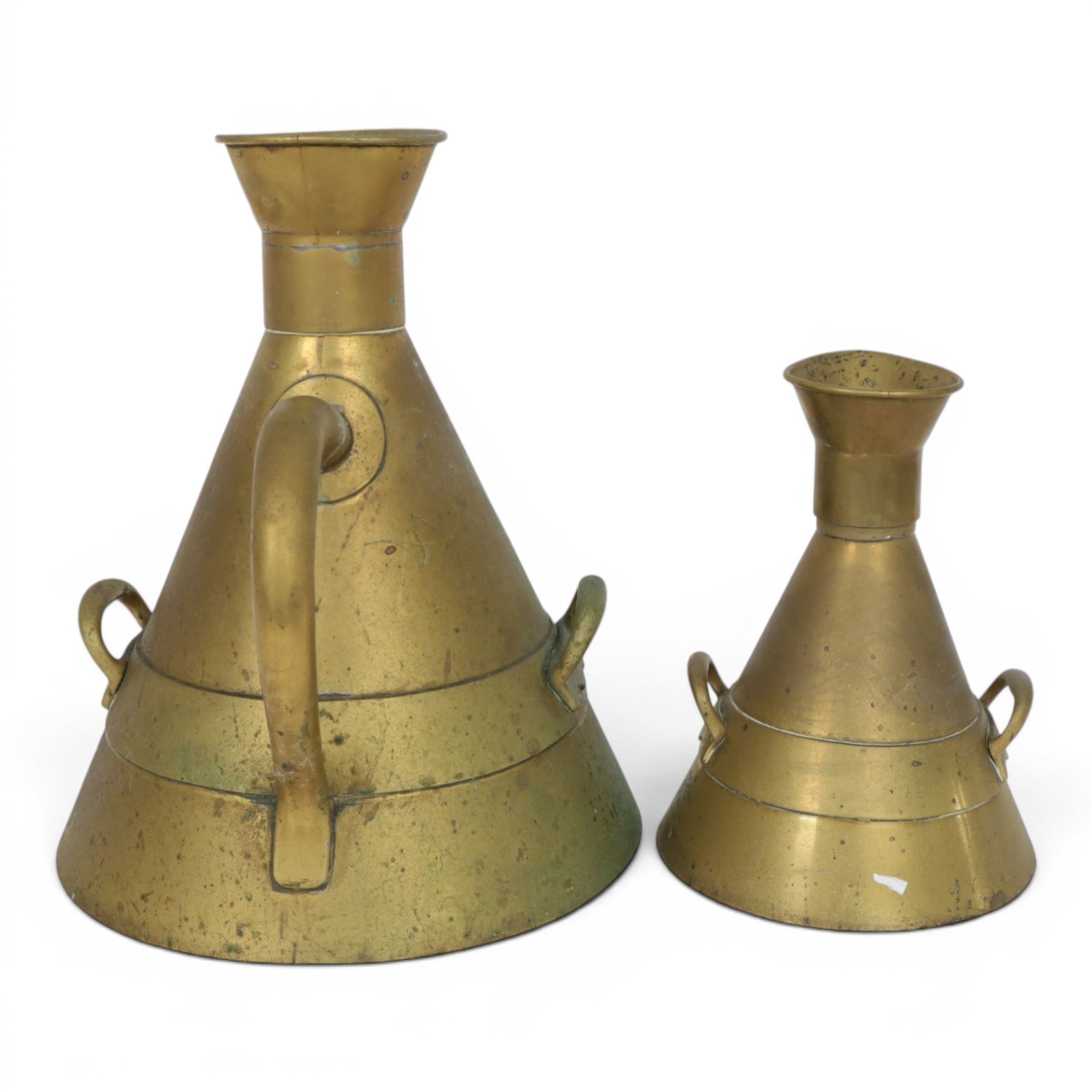 Victorian brass conical measures, 2 Gallon and Half Gallon, each engraved East Riding of Yorkshire, D E Grave & Co Ltd, largest H40cm