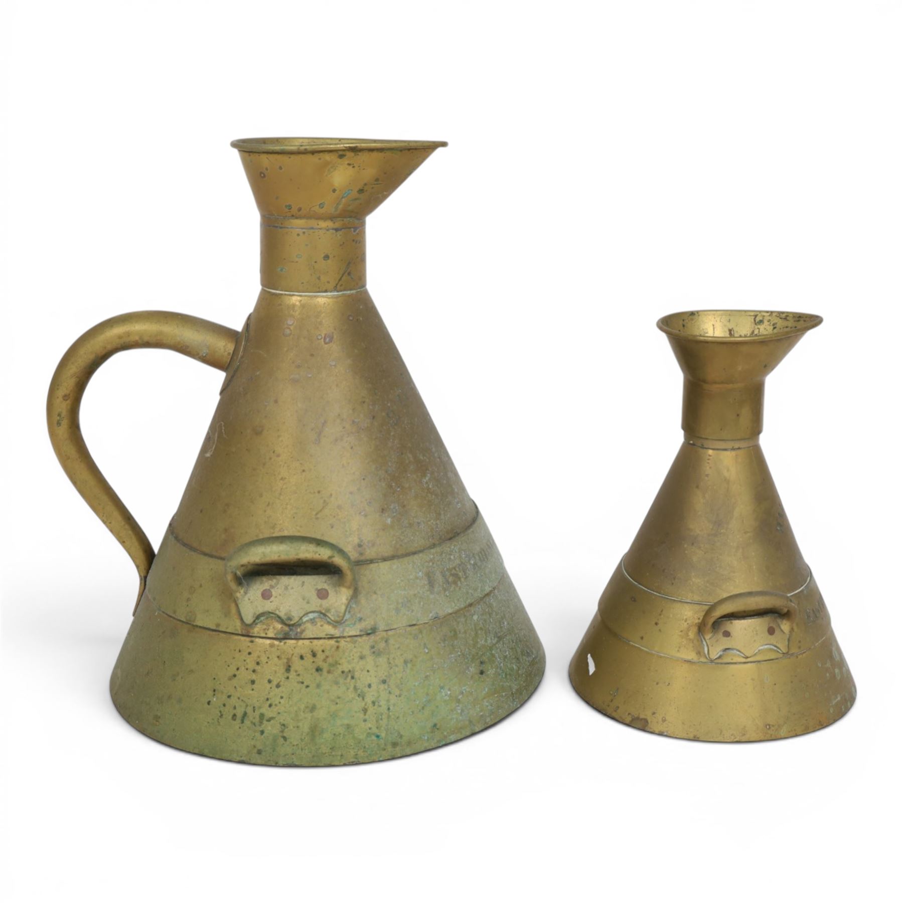 Victorian brass conical measures, 2 Gallon and Half Gallon, each engraved East Riding of Yorkshire, D E Grave & Co Ltd, largest H40cm