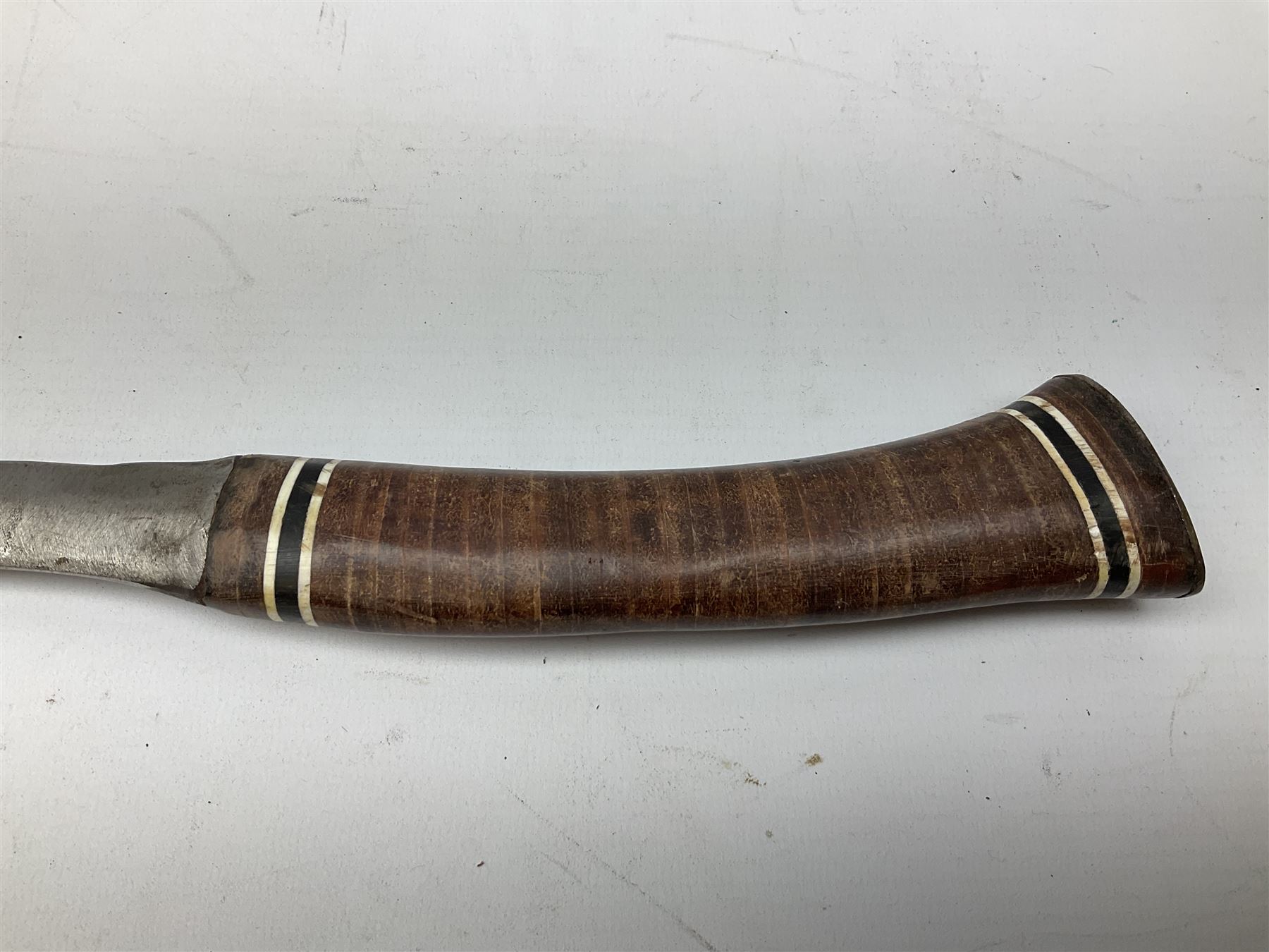 Estwing Black Eagle style double bit throwing axe with leather grip, virtually mint with labels present, plastic blade protectors and nylon sheath L43cm; another smaller Estwing axe stamped 24A to the pommel, with leather grip and sheath; and a vintage short handled hedge knife, the blade stamped IH (?) No.2 (3)