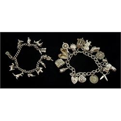 Two silver charm bracelets, charms including boot house, beetle car, elephant, bird in a cage, scallop shell and spiders webb