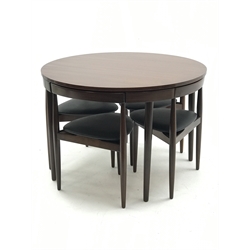 Hans Olsen for Frem Rojle - circular teak table and set four nesting chairs with vinyl upholstered seats, table and chairs stamped underneath, H73cm, D106cm