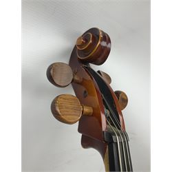 Two student half-size cellos - Boosey & Hawkes Artia with 65cm one-piece back and spruce top; bears maker's label; L104cm overall; and Romanian with 65.5cm two-piece maple back and ribs and spruce top; bears label; L108.5cm overall; each in soft carrying case with two bows (2)