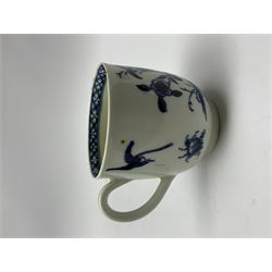 18th Century Worcester teapot, circa 1765-70, decorated in the Bird in the ring pattern, the cover with bud finial, with crescent mark beneath, H13cm, together with a Worcester coffee cup decorated in the same pattern, with crescent mark beneath, H6.5cm