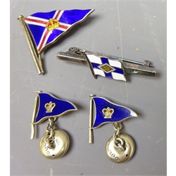  Pair of silver and enamel Royal Western England yacht club flag cufflinks, with button backs, Birmingham 1876, a similar YC bar brooch, Birmingham 1967, & a Benzie of Cowes enamel YC pin badge lacks pin (4)    