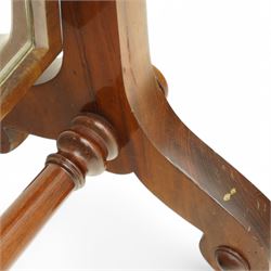 Early 19th century mahogany cheval dressing mirror, plain mirror plate within chamfered frame with arched top, on rolled horns and out-splayed rolled feet, united by turned stretcher 