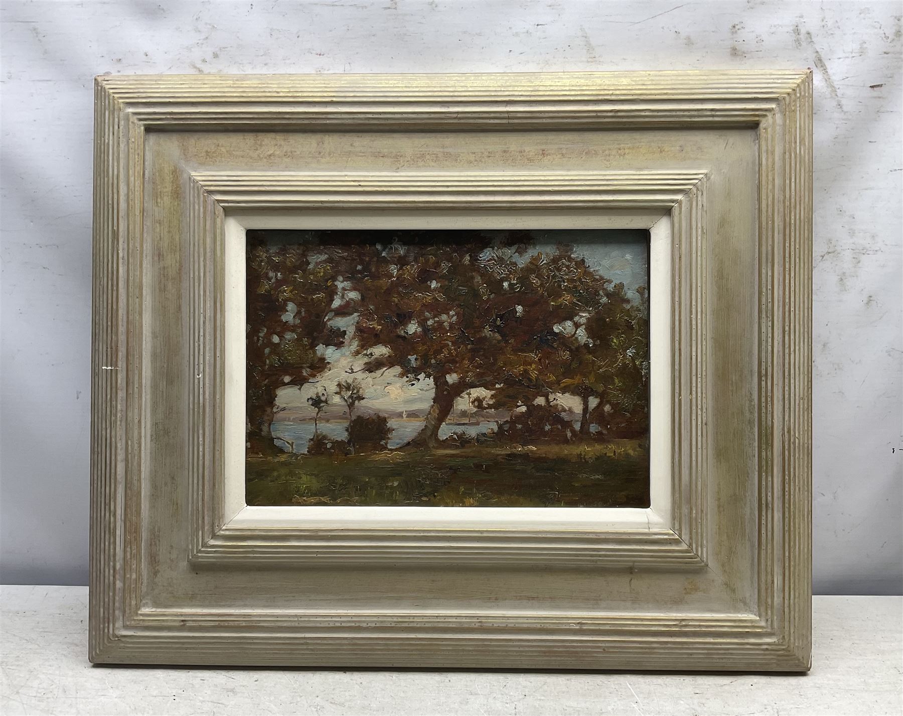 English Impressionist School (19th/20th Century): Autumn Trees on the Harbourside, oil on panel unsigned 23.5cm x 34.5cm 