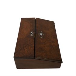 19th century burr-walnut writing slope, with inlaid mother-of-pearl decoration, fitted interior and two inkwells, together with a  parquetry writing slope, H16cm