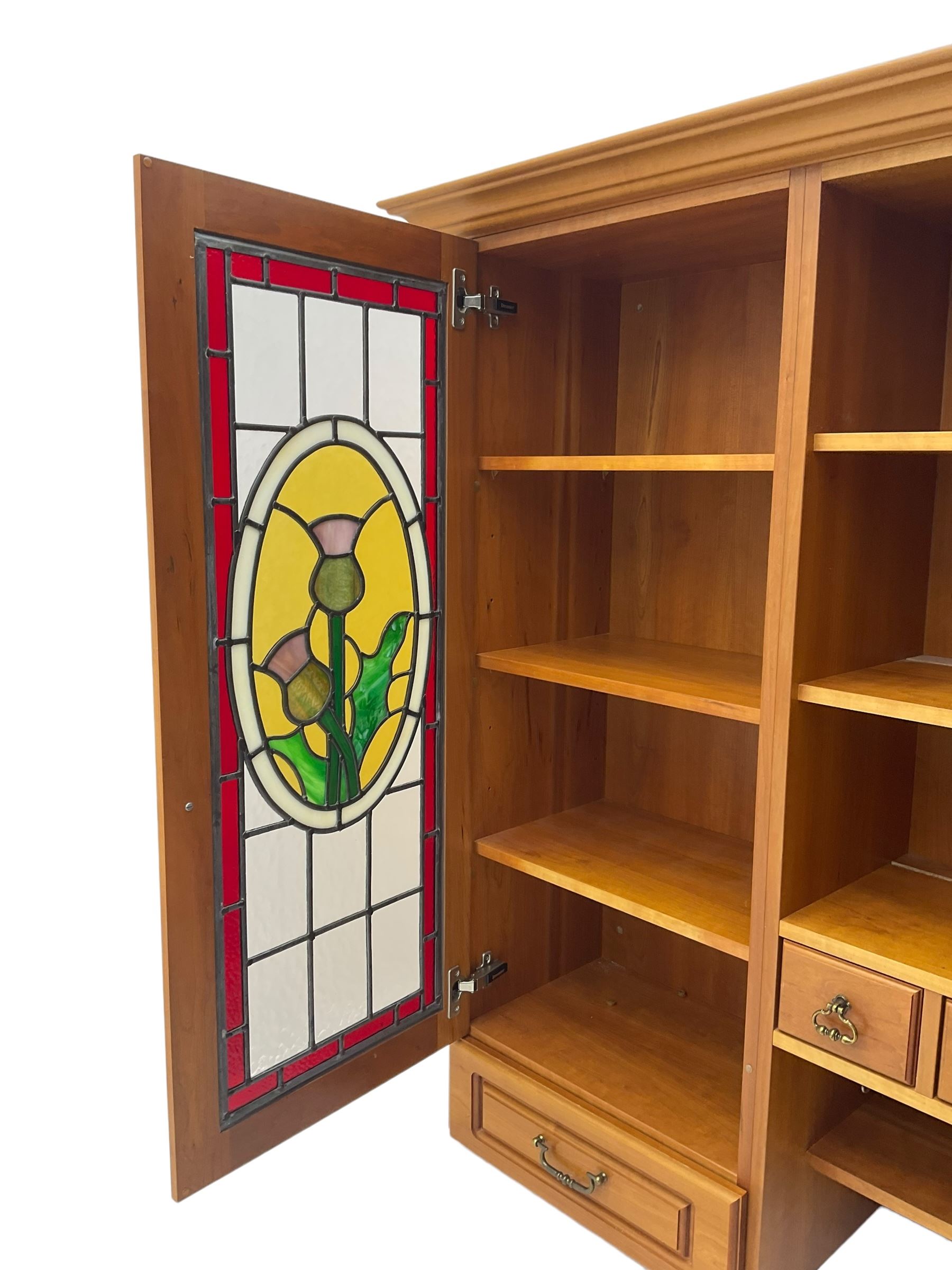 Art Nouveau design cherry wood kitchen wall unit, two leaded glazed doors with stained tulip decoration
