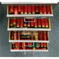 Approximately nine hundred shotgun cartridges, various ages, gauges and makers, contained in grey steel fifteen-drawer cabinet W28cm H94cm D41cm SHOTGUN CERTIFICATE REQUIRED
