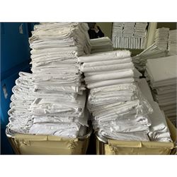 314 white linen King sheets, 138 single duvets covers and other, with three linen trolleys- LOT SUBJECT TO VAT ON THE HAMMER PRICE - To be collected by appointment from The Ambassador Hotel, 36-38 Esplanade, Scarborough YO11 2AY. ALL GOODS MUST BE REMOVED BY WEDNESDAY 15TH JUNE.