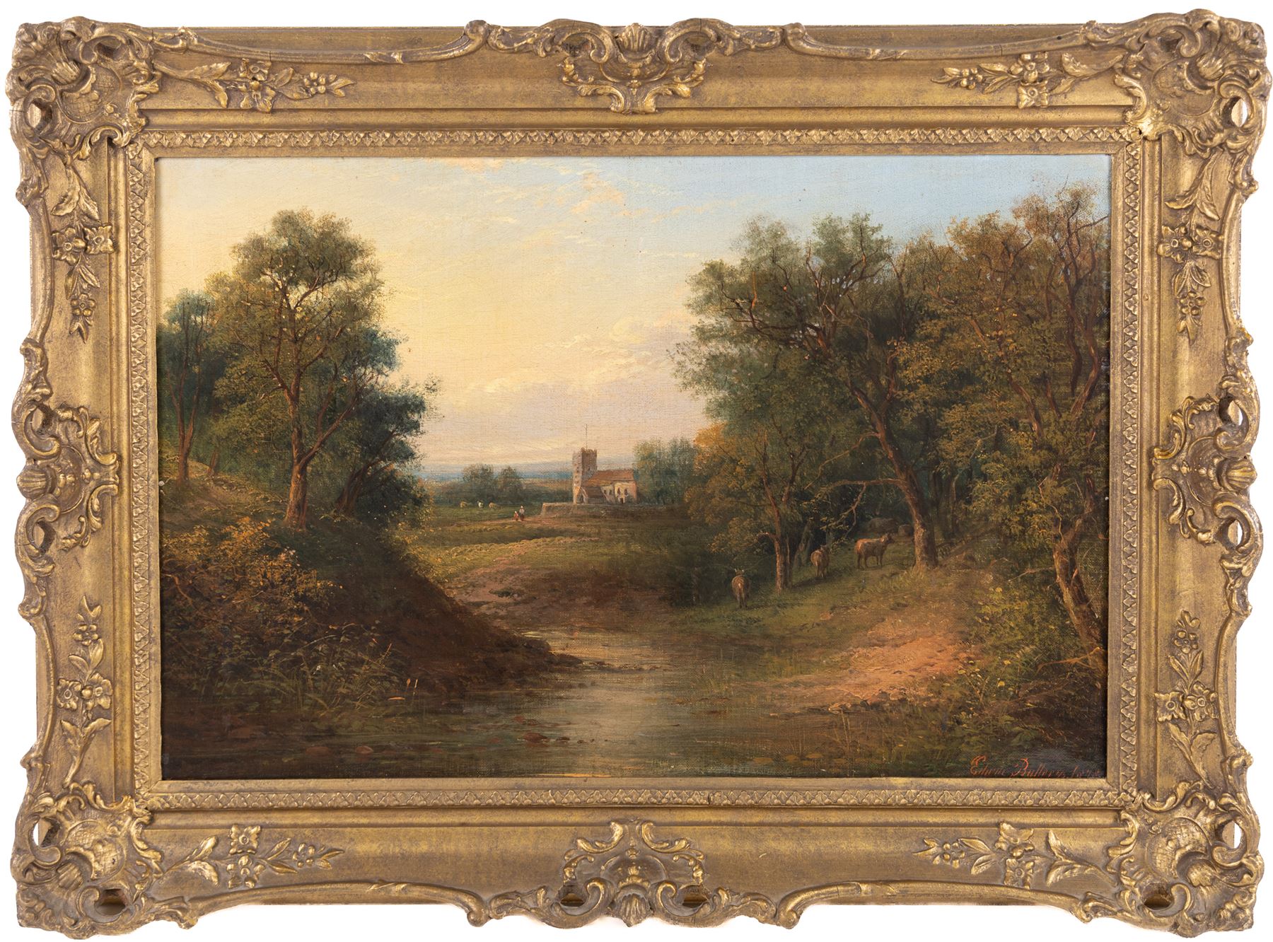 Edwin Buttery (British 1839-1908): Distant Church Landscape, oil on canvas signed and dated 1878, 34cm x 52cm