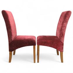 Willis & Gambier - mahogany extending dining table, rectangular top with rounded corners on cabriole legs, with two 35cm extension leaves, four Willis & Gambier upholstered high back chairs and four mahogany chairs, upholstered in a stripped multi-coloured velvet fabric, with scroll-shaped top rail, lyre-shaped back splat on cabriole legs, chairs W46xD91x97cm (11) 