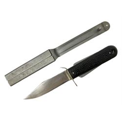 Royal Air Force aircrew survival knife with 10cm Bowie style steel blade marked 'Joseph Rodgers Sheffield England 22C/1996', black grips with twin-sided locking mechanism and lanyard hole to cross-piece; steel scabbard marked 22C/2202 L23cm overall (with photocopies of modern reference material)