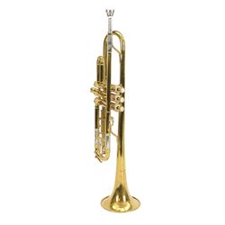 Besson brass trumpet, with three piston valves and finger hook, heavily lacquered finish w...
