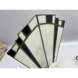 Art Deco style table lamp, modelled in the form of a bronzed female figure before a leaded glass fan shaped shade, H38cm