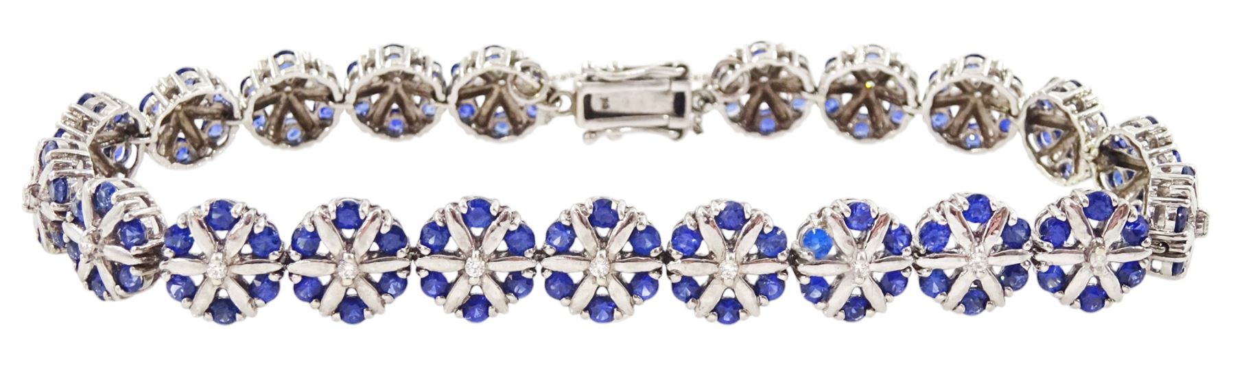 9ct white gold round cut sapphire and diamond cluster link bracelet, hallmarked