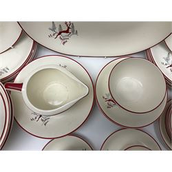 Crown Devon Stockholm patterned tea and dinner wares, to include, five teacups and saucers, milk jug, open sucrier, six dessert plates, six side plates, six dinner plates, serving platter, etc (42)