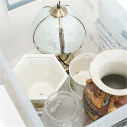 Lomonosov Russia Porcelain Wine Decanter in Red Firebird pattern, Staffordshire ironstone planter, meat plate, Leonardos figures and other mixed ceramics and smalls, contents between four boxes