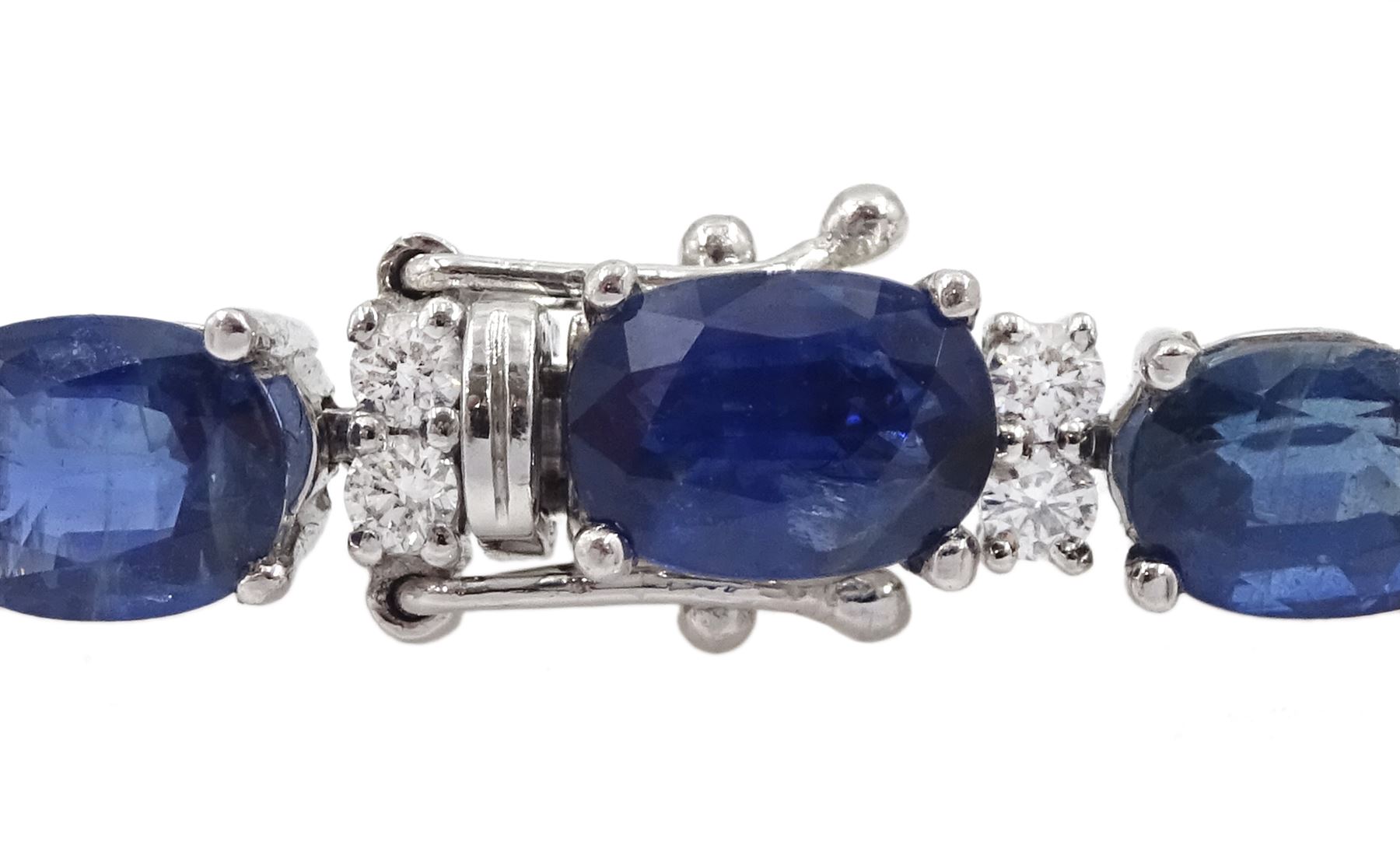18ct white gold oval cut sapphire and round brilliant cut diamond bracelet, total sapphire weight approx 19.50 carat