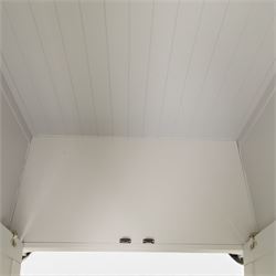 Barker & Stonehouse - Grey painted double wardrobe, with projecting oak cornice, fielded panelled doors, with wooden hanging rail, raised on bracket feet