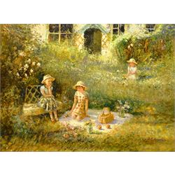 Paul J Attfield (British 1950-): Picnic in the Garden, oil on canvas signed 45cm x 60cm
