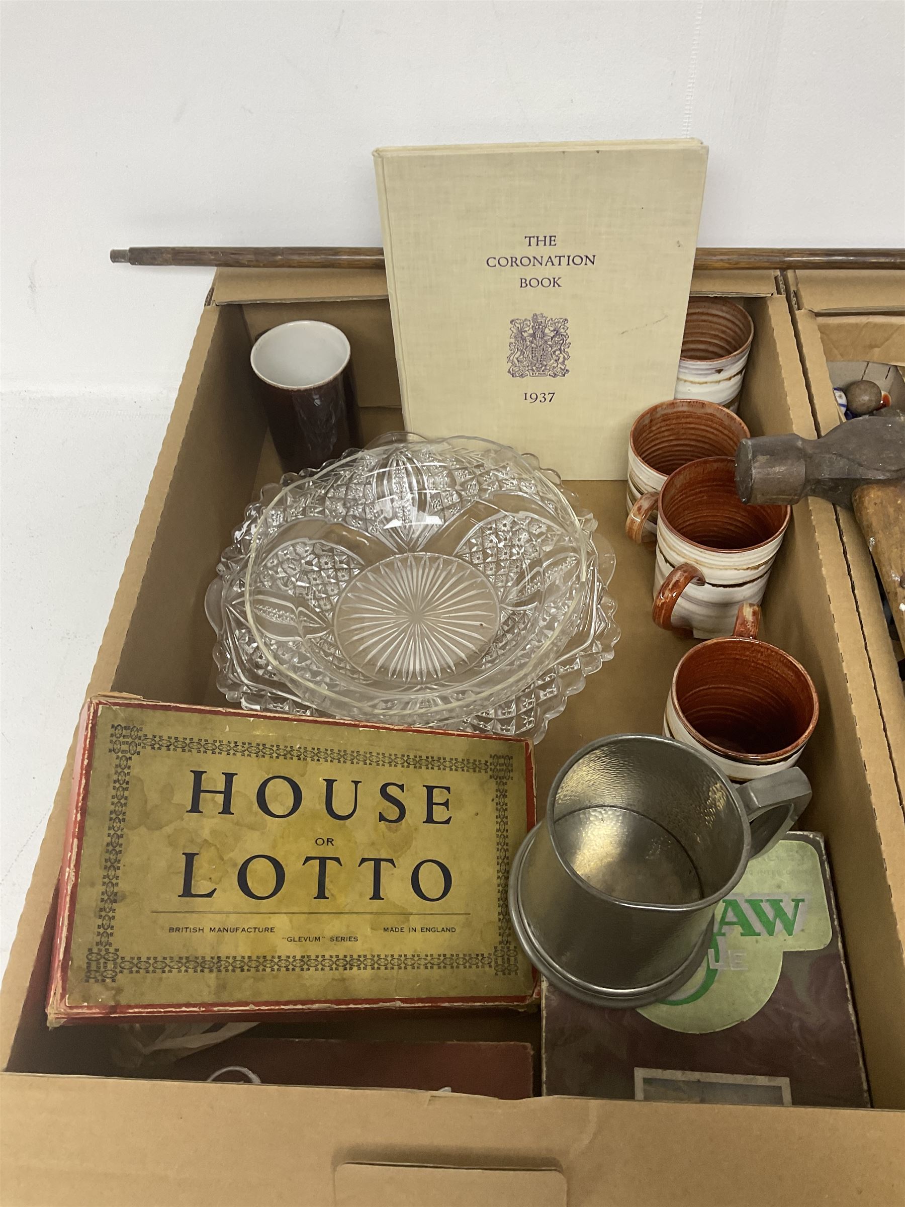 Silver cased pocket watch, together with wrist watch, pewter tankard, walking stick and other collectables, in two boxes 