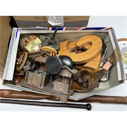 Silver plated jewellery box with foliate decoration and domed hinged lid, further silver plate and other metalware,
Icon of Mary and baby Jesus on wood, quantity of craved treen, rug etc