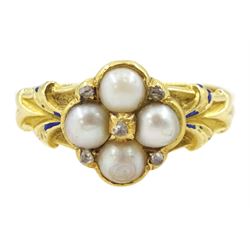 Victorian 18ct gold split pearl and rose cut diamond cluster ring, with blue enamel scroll...