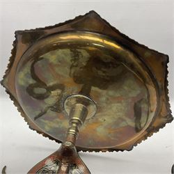 Indian brass pedestal dish, the dish engraved with peacock to centre, the stem modelled as a King Cobra, with engraved and enamelled decoration throughout, together with a similar pair of candlesticks, modelled as King Cobras, dish H23.5cm 