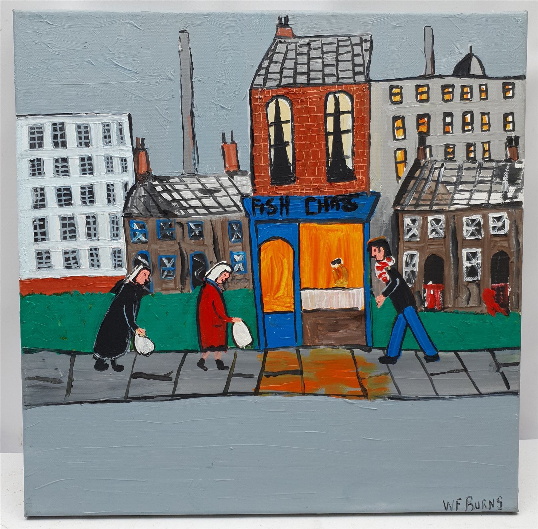 William Findley Burns (Northern British 1949-): 'The Chip Shop', oil on canvas signed, titled verso 40cm x 40cm (unframed)