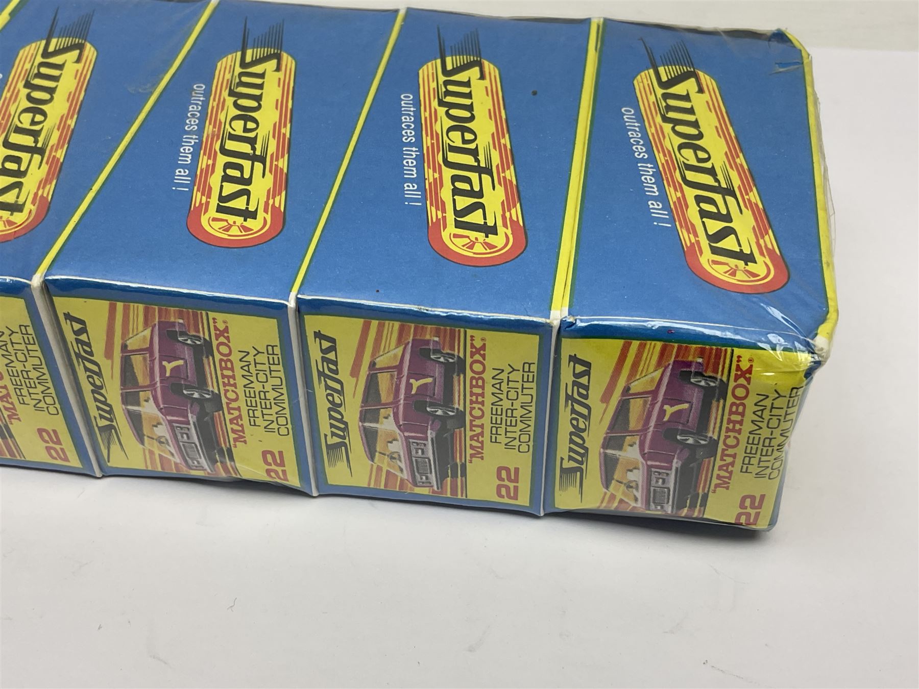 Matchbox 1-75 Series 'Superfast' ex-shop stock - unopened pack of six 22d Freeman Intercity Commuter models; and three others comprising 45c Ford Group 6, 56c BMC 1800 Pinafarina and 65d Saab Sonnet III; all boxed (9)