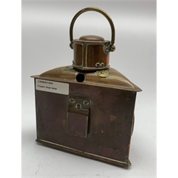 Ship's copper lamp of trapezium form with red and blue side filters and hinged front door, H22cm including brass swing handle (lacking burner)