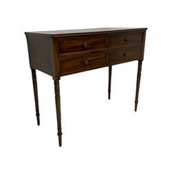Georgian design mahogany side table, the moulded top over two short and one long drawer, raised on turned supports
