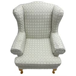 Multi-York - hardwood framed wingback armchair, upholstered pale blue lozenge pattern fabric, on light beech cabriole feet - 6 months old