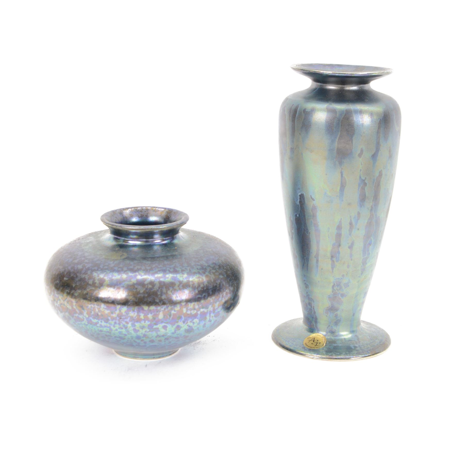 Tony Laverick for ASL ceramics, two vases, decorated in iridescent glaze, with impressed mark beneath largest H23cm 