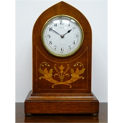  Edwardian inlaid mahogany lancet top mantel timepiece, white Arabic dial inscribed J H Potter, Sheffield, French movement, H31cm  