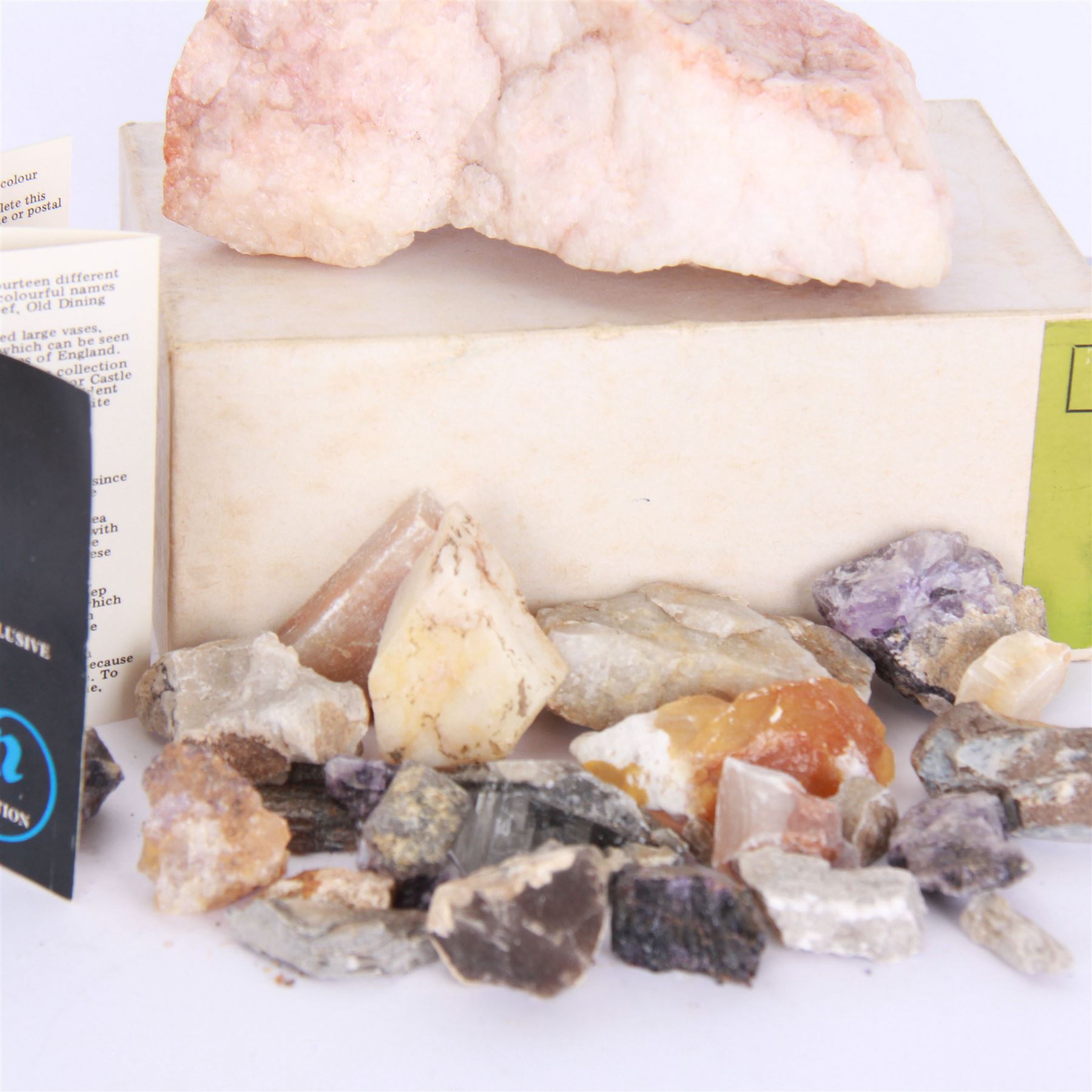 Collection of raw Blue John specimens, together with other mineral specimens