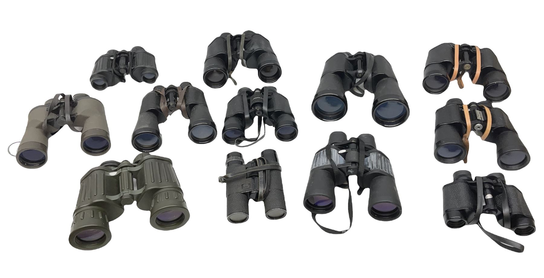 Eleven pairs of binoculars to include Lieberman & Gortz 20x65, Stem (USSR) 7x50, Helios 10x50 Field, Prinz 12x50, Tasco 8x40, Tasco 10x50, etc