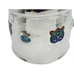 Archibald Knox for Liberty & Co silver lidded jar, body with enamel and turquoise motifs, stamped CYMRIC and numbered 5183, Birmingham 1903, approx 6.3oz