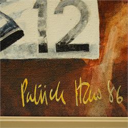 Patrick Haw (British 20th century): Jockey's - 'Pat Eddery' 'Joe Mercer' 'Walter Swinburn' and 'Steve Cauthen', set four acrylic on canvas signed and dated '86, 39cm x 29cm (4)