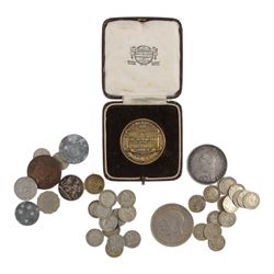 Approximately 42 grams of Great British pre-1920 and approximately 44 grams of pre-1947 silver coins, together with a silver Diploma medallion and some further coins