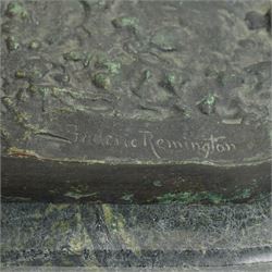 After Frederick Remington (American 1861-1909): 'Bronco Buster', limited edition bronze bearing signature and numbered 7/100, with foundry or ranch mark to horses backside of a triangle within circle, on green marble base, H56cm