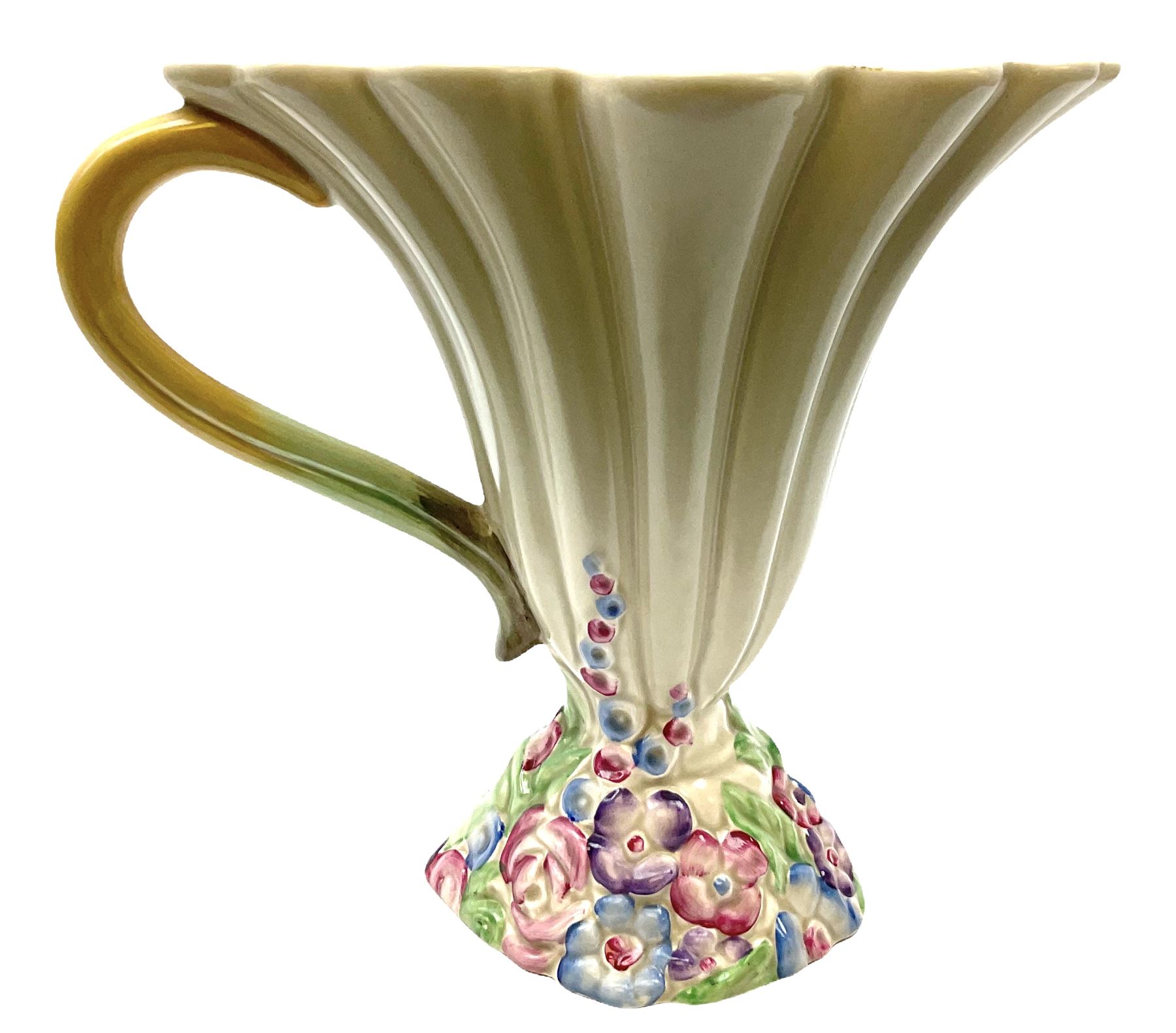 Clarice Cliff Newport Pottery handled vase/jug, of fluted form, shape no 830, decorated in the My Garden pattern, with printed and impressed marks beneath, H20cm