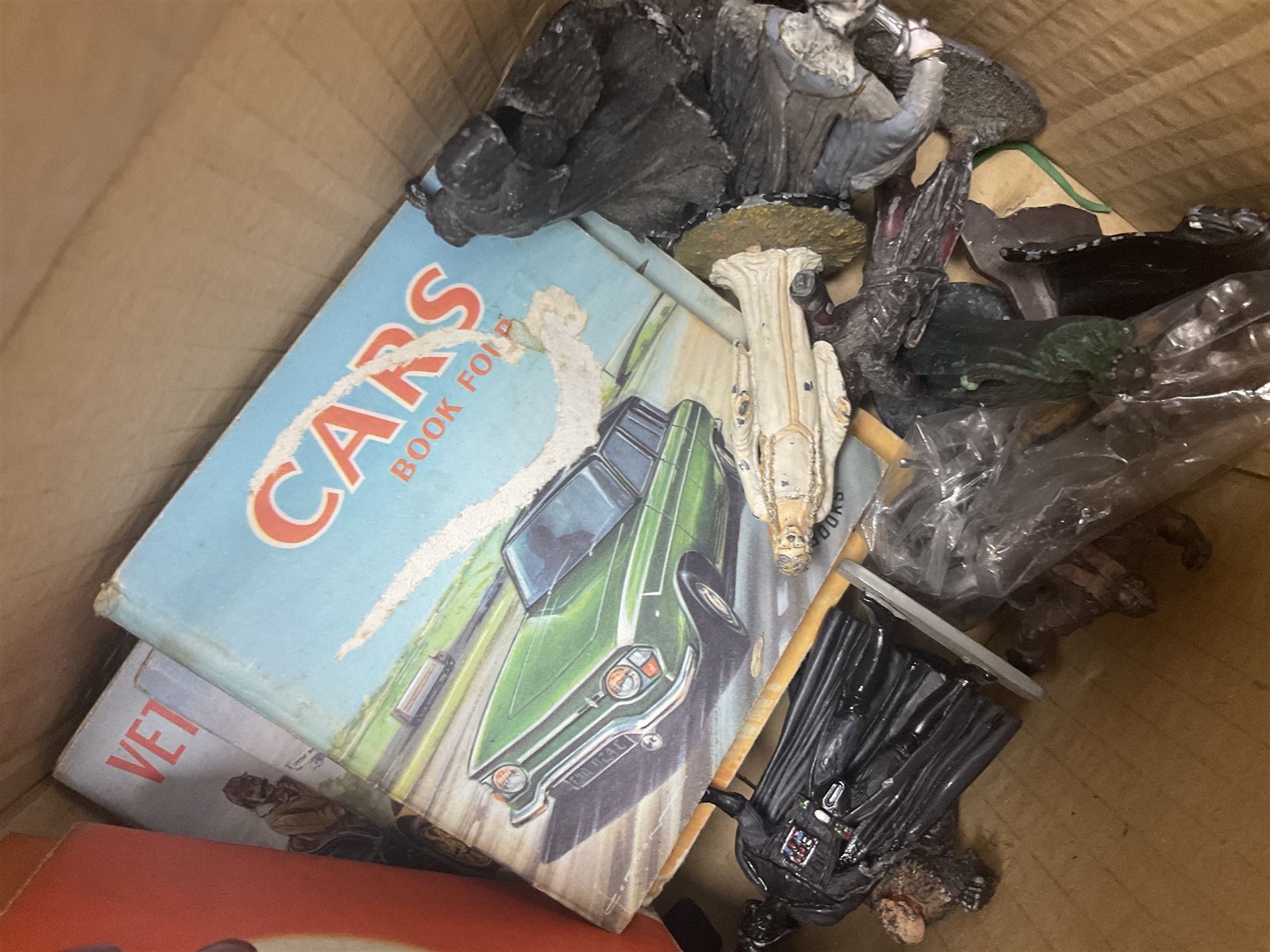 Warhammer NLP Lord of the Rings figures, together with Orbit and Pixie books, Mad magazines, craft equipment, Friends DVD collection, large collection of Warhammer style unpainted metal figures, souvenir spoons and a collection of boxes, etc in two boxes 