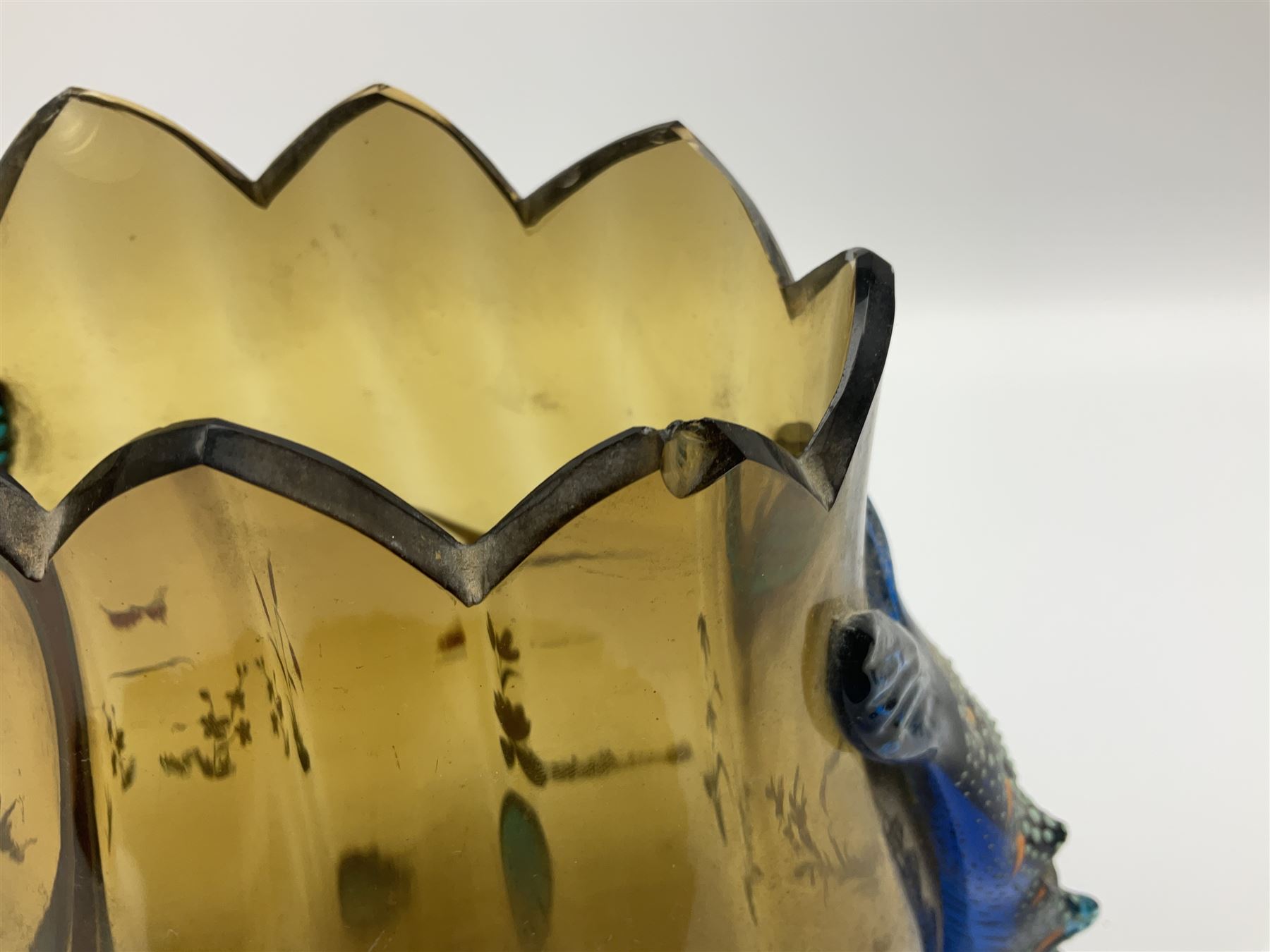 Pair of 19th century glass vases in the style of Auguste Jean, of bulbous form with lobed rim and applied blue glass zoomorphic handles, painted with enamel flowers, dragonflies and swans, upon four blue glass feet, H26cm