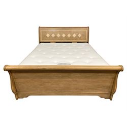Barker & Stonehouse - 'Flagstone' 6' Superking size mango wood sleigh bed, the head and footboard inset with stone geometric inlays, scrolled and rolling reed moulded frame, on bracket feet 