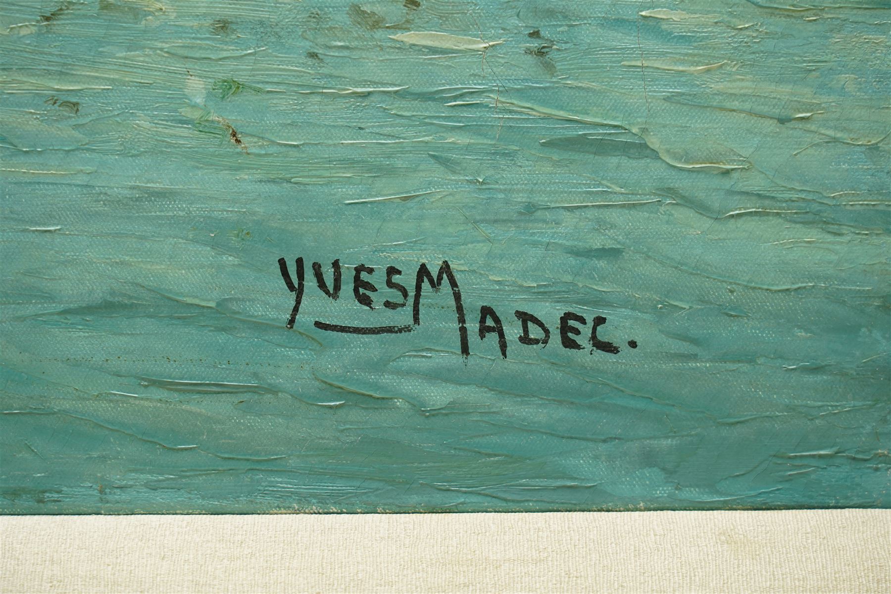 Yves Madec (Continental 20th century): Fishing Boats Moored in Harbour, oil on canvas signed 50cm x 99cm