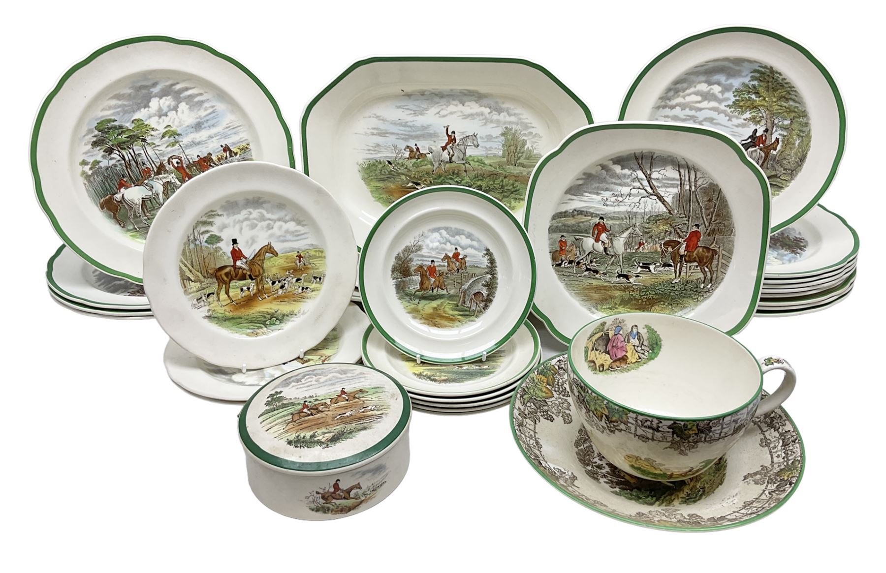 Collection of Copeland Spode hunting scenes dinner wares, after J. F. Herring, to include dinner plates, side plates, graduated serving platters, lidded box etc, together with Spode's Byron breakfast cup and saucer, all with printed marks beneath (29)