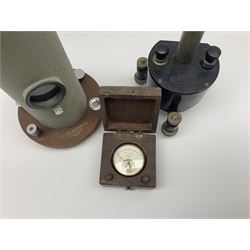Two mirror galvanometers - one marked Sullivan Galvanometer serial no.1483/1950 of green crackled cylindrical form on circular base H24cm; the other by W.G. Pye & Co. Cambridge marked G107-131 on tripod base; together with an ammeter in wooden case (3)