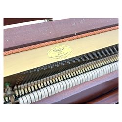 Knight - 20th century upright piano, in polished mahogany case with fall-front lid and twin brass pedals, complete with matching storage bench upholstered in brown fabric with receipt from Harrods (H 50cm x D 37cm W 95cm) 